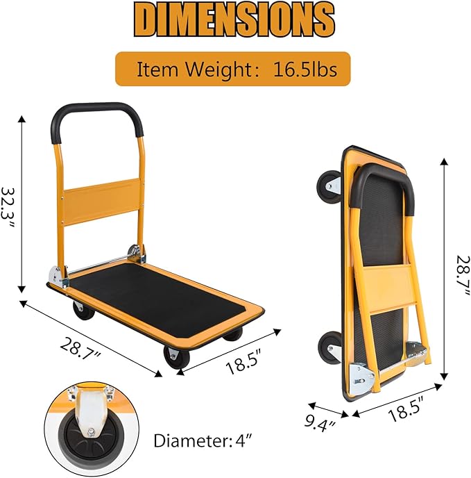 LEADALLWAY Foldable Push Cart Platform Cart 330lbs Capacity 4 Wheels 28.7x18.5x32.3inches Yellow with 2 Ropes Small Flatbed Cart