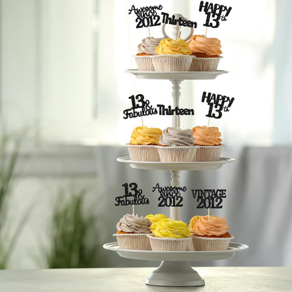 Gyufise 30Pcs Vintage 2012 Cupcake Toppers Glitter Thirteen Happy 13th Cupcake Picks Happy 13th Birthday Cake Decorations for Happy 13th Birthday Anniversary Party Supplies Black