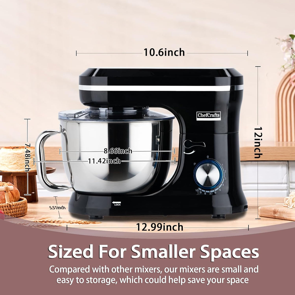 Household Stand Mixer with 6.5 Quart Bowl, Electric Food Mixer 10+p Speeds 660W, Kitchen Tilt-Head Bread Dough and Cake Mixers with Dough Hook, Whisk