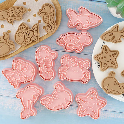 16Pcs Ocean Animal Cookie Cutters with Plunger Stamps Set, Fish, Dolphin, Starfish Plastic Biscuit Cutters