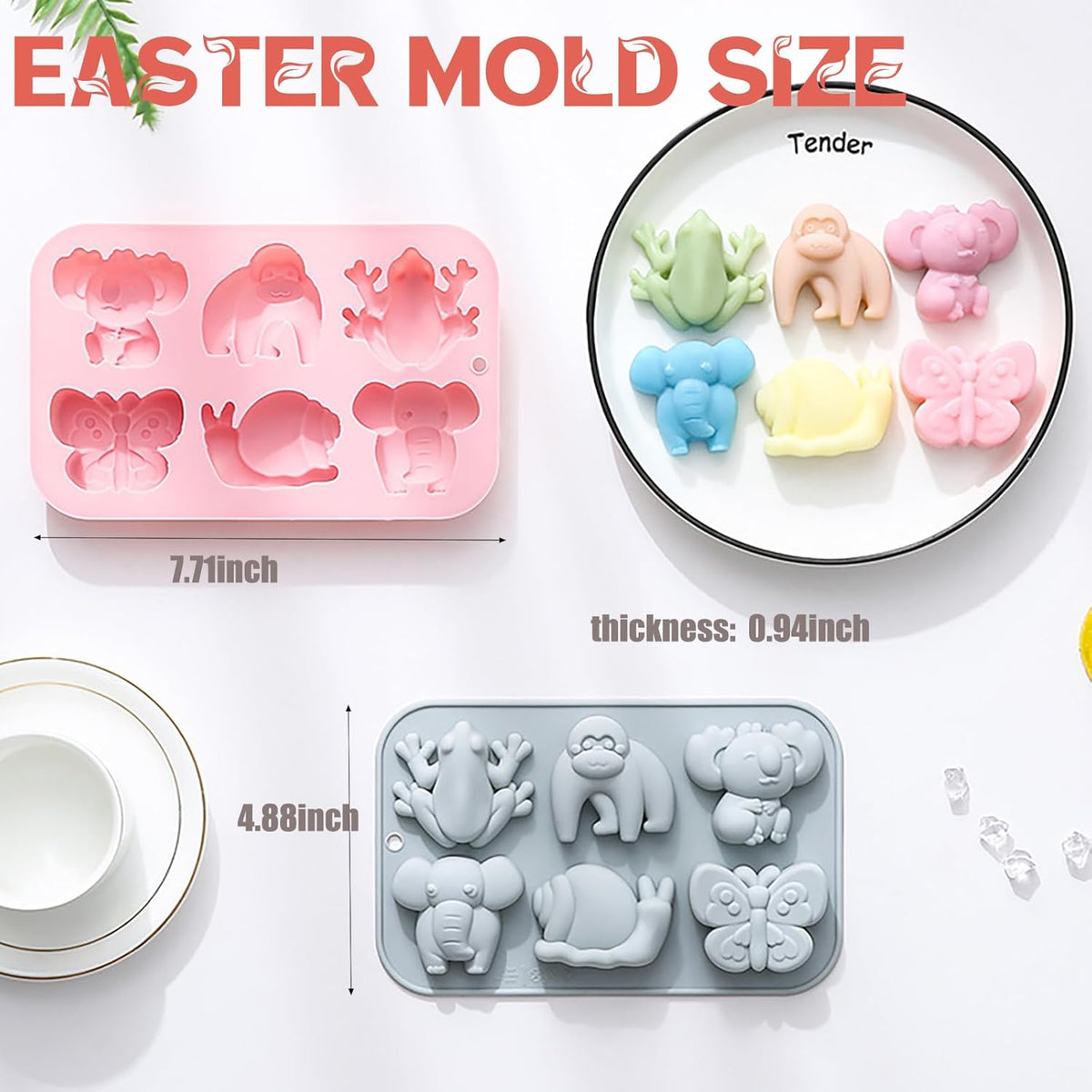 Animal Chocolate Mold Set - Food-Grade Silicone Baking Molds with Frog, Elephant, Monkey, Snail & Butterfly, Reusable for Kids Birthday Cakes