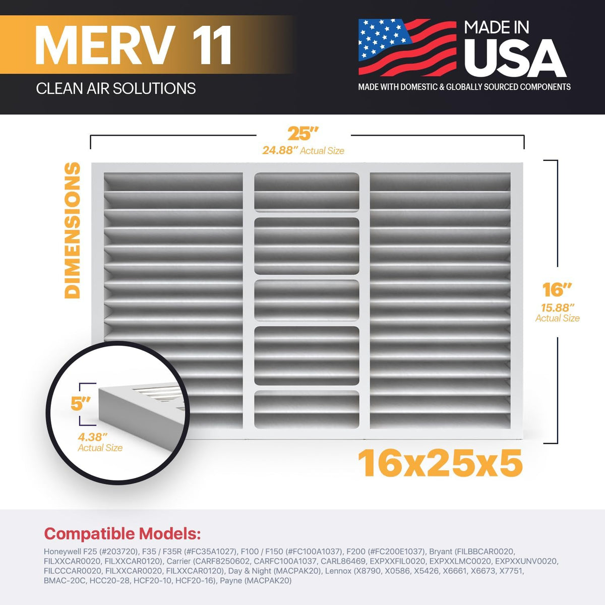 BNX TruFilter 16x25x5 (15.88’’ x 24.75’’ x 4.38‘’ Honeywell Compatible 4”) MERV 11 Air Filter (2-Pack) - MADE IN USA - AC Furnace Filters for Allergies, Dust, Pet, Smoke, Allergy MPR 1200 FPR 7