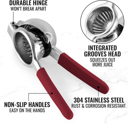 Zulay Lemon Squeezer Stainless Steel with Premium Heavy Duty Solid Metal Squeezer Bowl and Food Grade Silicone Handles - Large Manual Citrus Press Juicer and Lime Squeezer Stainless Steel (Cranberry)