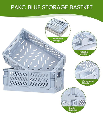 HUUSMOT 4-Pack Small Pastel Plastic Storage Baskets, Collapsible Crates for Organizing, Space-Saving Mini Bins for Classroom, Kitchen, Office, Bedroom (Blue, 9.8" x 6.5" x 3.8")