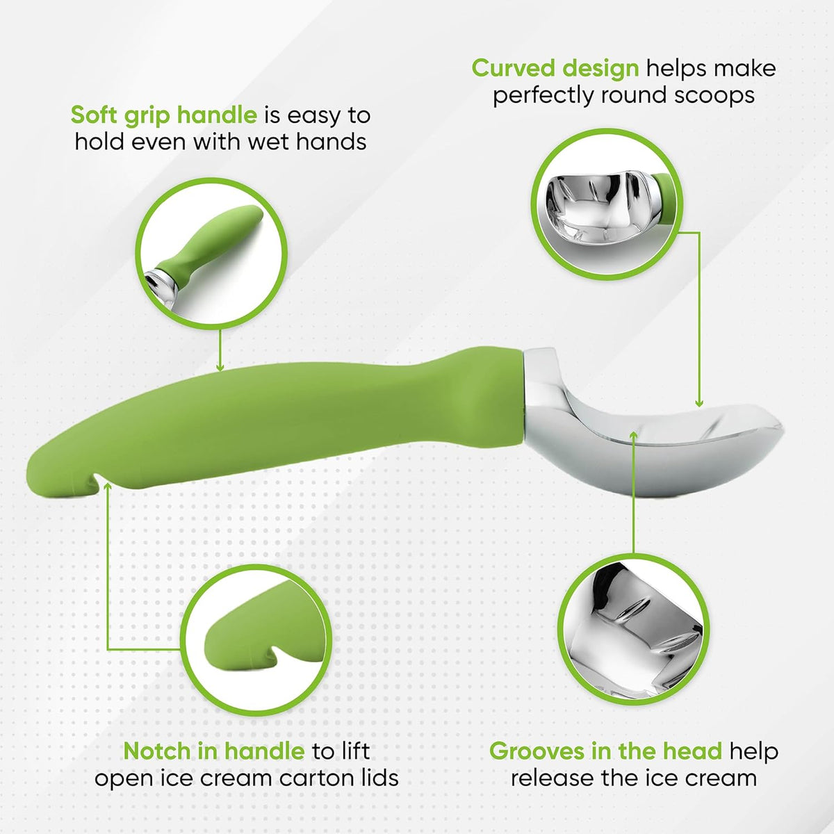 Spring Chef Green Heavy Duty Ice Cream Scoop with Non-Slip Handle - Professional Metal Ice Cream Scooper for Cookie Dough, Frozen Yogurt, Gelato, Sorbet, Melon - Dishwasher Safe Kitchen Tool