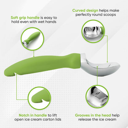 Spring Chef Green Heavy Duty Ice Cream Scoop with Non-Slip Handle - Professional Metal Ice Cream Scooper for Cookie Dough, Frozen Yogurt, Gelato, Sorbet, Melon - Dishwasher Safe Kitchen Tool