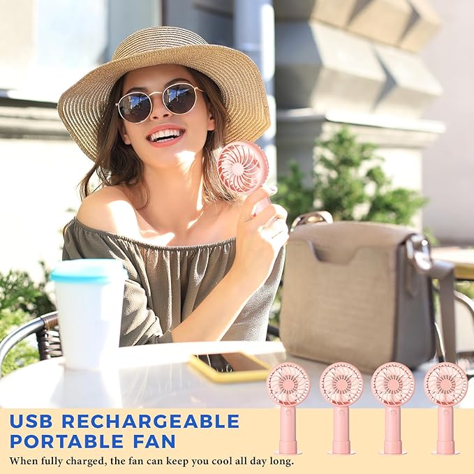 Tujoe 24 Pcs Mini Powerful Handheld Fan 3 Speed Personal Small Portable Rechargeable Fan with Base USB for Women Eyelash Makeup Office Travel Beach Indoor Outdoor (Pink)