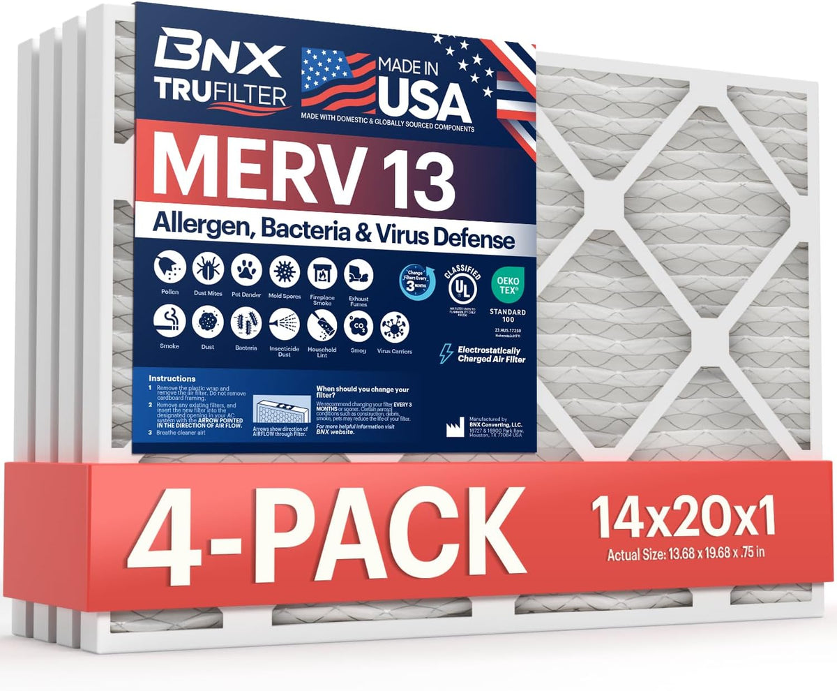 BNX TruFilter 14x20x1 Air Filter MERV 13 (4-Pack) - MADE IN USA - Electrostatic Pleated Air Conditioner HVAC AC Furnace Filters for Allergies, Pollen, Mold, Bacteria, Smoke, Allergen, MPR 1900 FPR 10