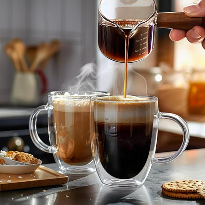 12 Ounces Set of 2 Double Walled Glass Coffee Mugs with Handle Insulated Layer Coffee Cups Borosilicate Glass Espresso Double Insulated Clear Glass