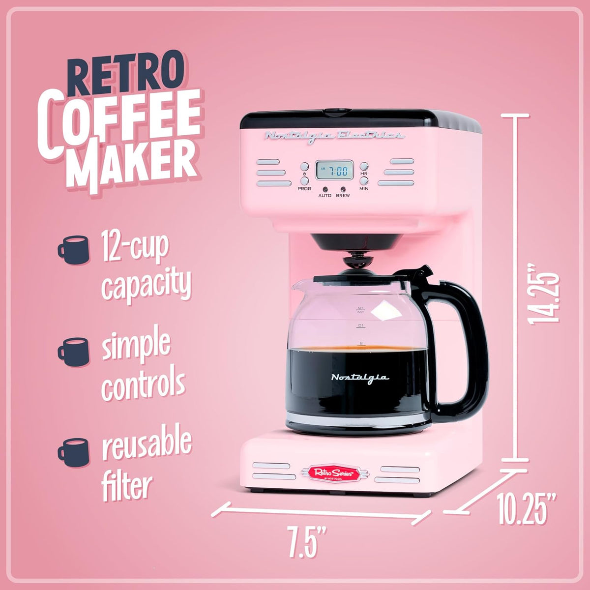 Nostalgia Retro 12-Cup Programmable Coffee Maker With LED Display, Automatic Shut-Off & Keep Warm, Pause-And-Serve Function, Pink