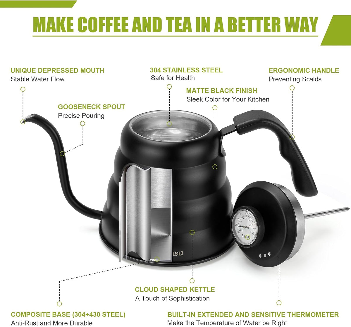 Tea Kettle with Thermometer,Black Gooseneck Coffee Kettle Pot Stovetop,40oz