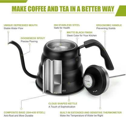 Tea Kettle with Thermometer,Black Gooseneck Coffee Kettle Pot Stovetop,40oz