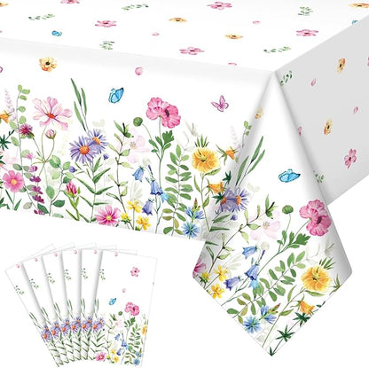 6Pcs Spring Floral Plastic Tablecloth,Pink Purple Blue Flower Butterfly Disposable Table Cover for Home Decor Summer Spring Picnic Dining Holiday Weeding Birthday Tea Party Decorations,54x108 Inch