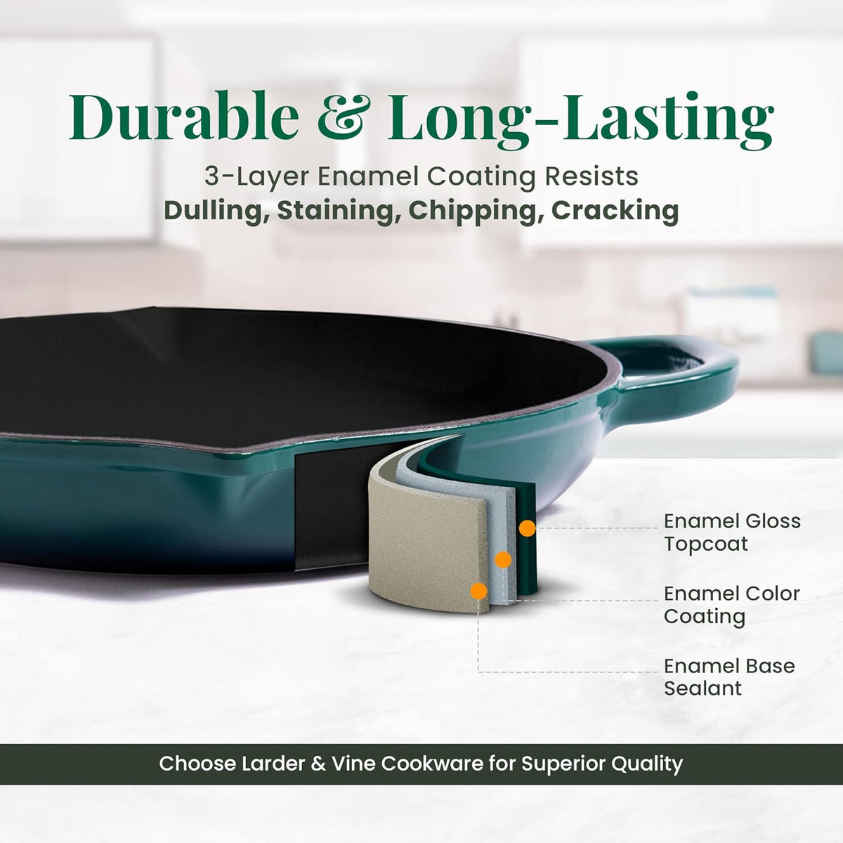 Larder & Vine Enameled Cast Iron Skillet | 10.25 inch Cast Iron Pan | Saute Pan with Pour Spouts | Enamel Coated Cast Iron Skillet | Compatible on All Cooktops & Oven Safe to 500° F | Bondi