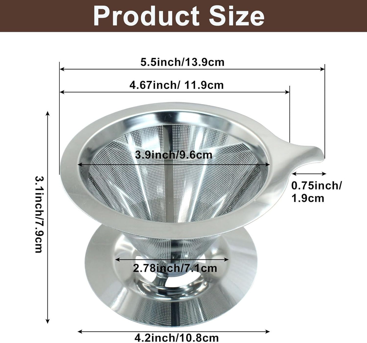 Waziaqoc Pour Over Coffee Dripper, Slow Drip Paperless Coffee Filter, Stainless Steel Pour Over Coffee Maker for 1-2 Cups Brew