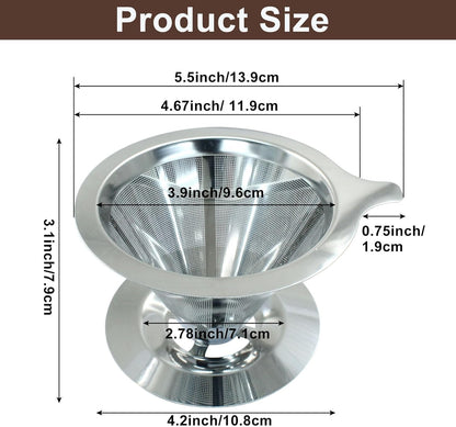 Waziaqoc Pour Over Coffee Dripper, Slow Drip Paperless Coffee Filter, Stainless Steel Pour Over Coffee Maker for 1-2 Cups Brew