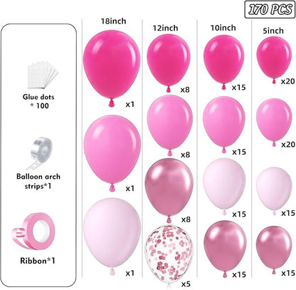 Pink Balloons Garland Arch Kit 170pcs, Hot Pink Metallic Pink Shades of Pink Valentine's Day Balloons for Birthday Wedding Princess Theme Engagements Baby Shower Party Decorations