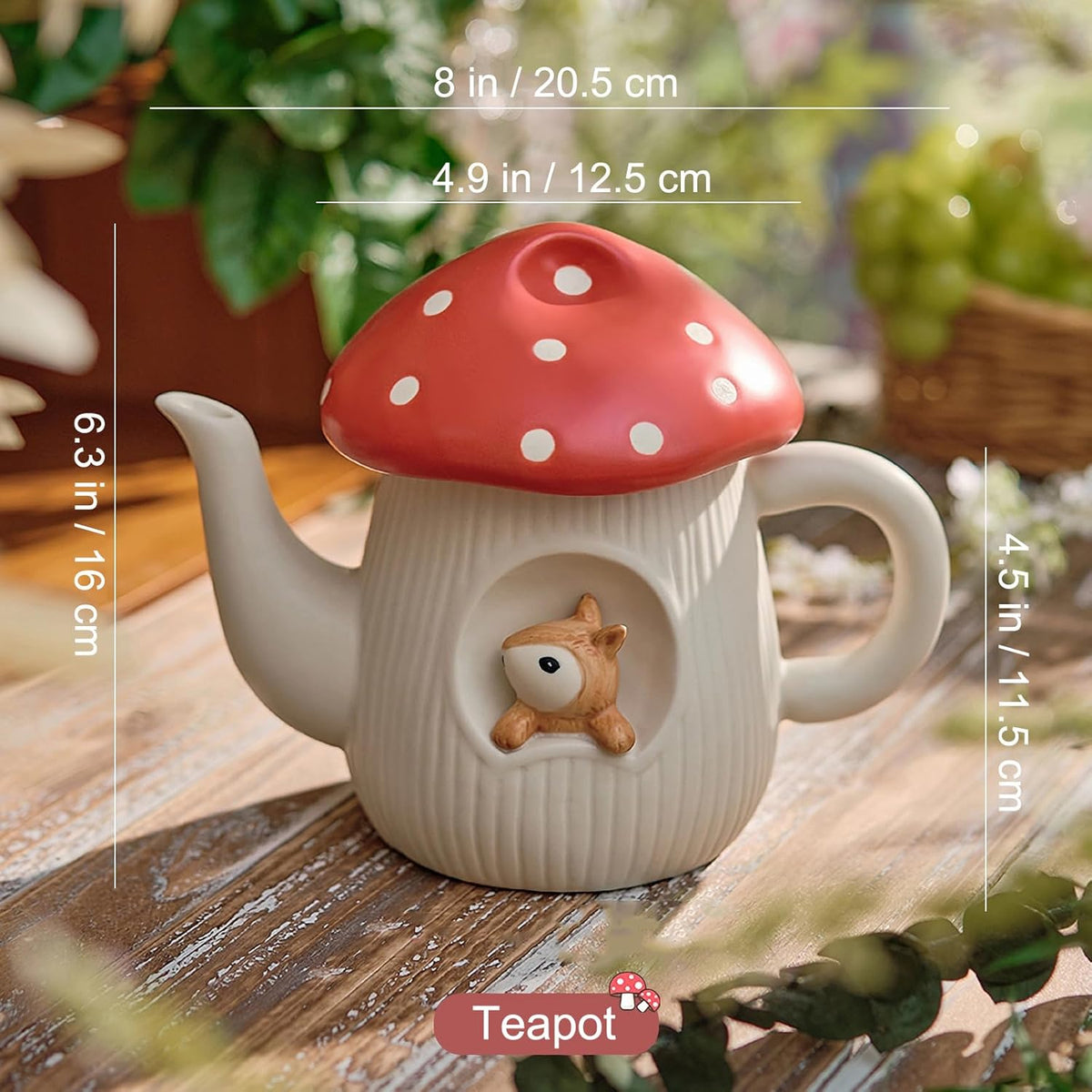 Cute Mushroom Teapot, Handmade Glaze Polka Dot Lid, Safety Matt Ceramic Tea Pot, With squirrel decoration. 23 oz / 680 ml