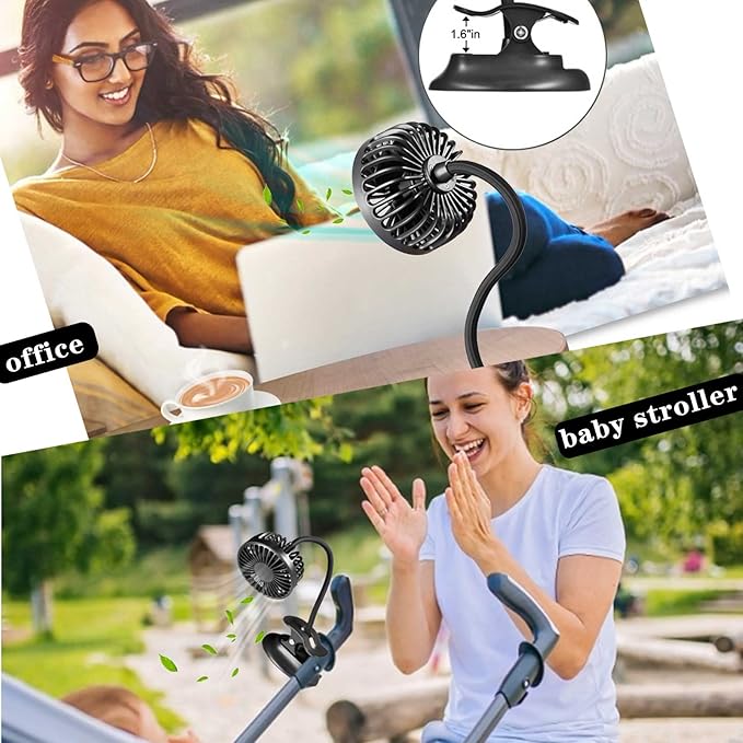 Clip On USB Mini Desk Fan with Emergency Power Bank, Battery Operated Rechargeable Portable Fan - Flexible Neck, 3 Speed Personal Cooling for Car, Camping, Office, Dorm, Beach - Black