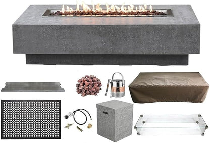 Elementi | Bundle Hampton Gas Fire Pit Cast Concrete 56" Rectangular Fire Table, Outdoor Fire Pit Electronic Ignition | Canvas Cover, Lava Rock Included | Light Gray (Propane Gas)