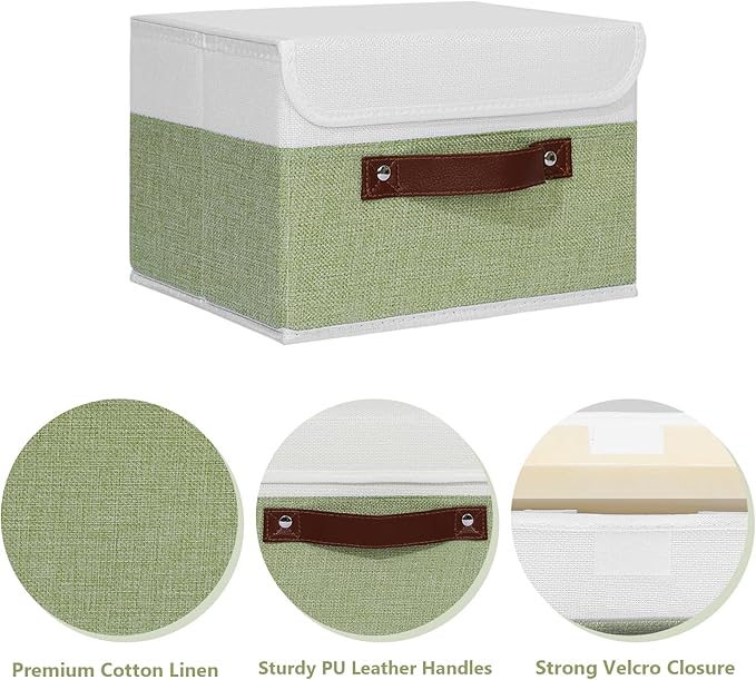 ANMINY Storage Boxes with Lids Washable Decorative Storage Bins Basket with PU Leather Handle Foldable Linen Fabric Storage Cubes Containers for Home Closet Organizer - Green White, Small Size