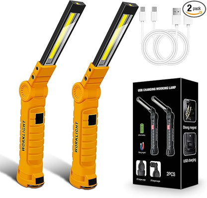 2Pack LED Work Light, USB Rechargeable COB Light with Magnetic Base 360°Rotate and 5 Modes, Folding Flashlight Inspection Light for Car Repairing, Workshop, Household and Emergency Use, Large