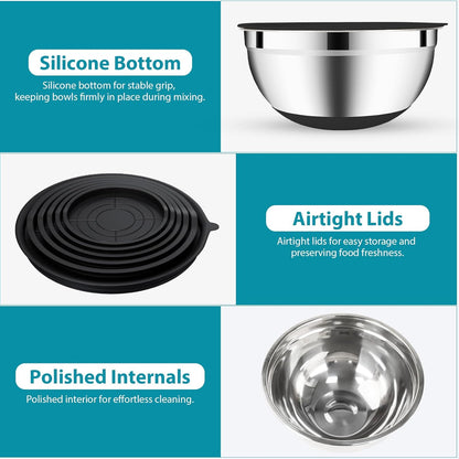 20-Piece Mixing Bowls Set with Airtight Lids – 6 Stainless Steel Kitchen Bowls (4.5QT, 4QT, 3.5QT, 2.1QT, 1.5QT, 1.1QT), 3 Grater Attachments, Non-Slip Silicone Bottoms, Perfect for Baking & Serving