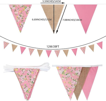 Zwiebeco 39Ft Pink Floral Fabric Pennant Banner Vintage Burlap Triangle Flag Cotton Retro Flower Bunting Party Decoration for Birthday Engagement Wedding Bridal Baby Shower Rustic Village Garden Décor