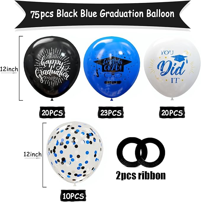 75 Pack Graduation Party Decorations Balloons Set - 12 Inch Black Blue Confetti Graduation Balloons with Ribbons for Grad Party Decoration Supplies