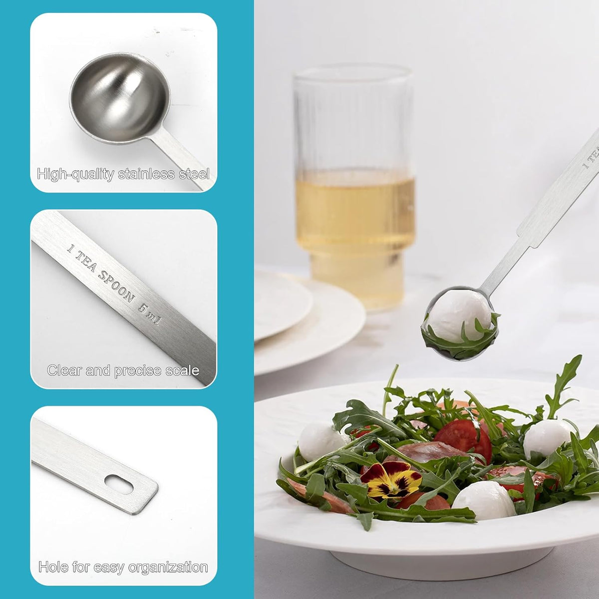 3PCS Teaspoon Measuring Spoon, 5ml/1 tsp/5 Gram Scoop, Long Handle for Cooking & Baking, Dishwasher Safe Measuring Spoon