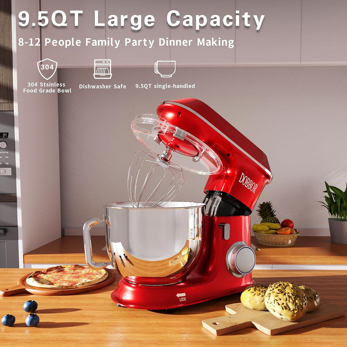DOBBOR Electric Stand mixer, 9.5QT 660W 7 Speeds Tilt-Head Dough Mixers, Bread Mixer with Dough Hook, Whisk, Beater, Splash Guard for Baking Bread, Cake, Cookie, Pizza, Muffin, Salad and More - Red