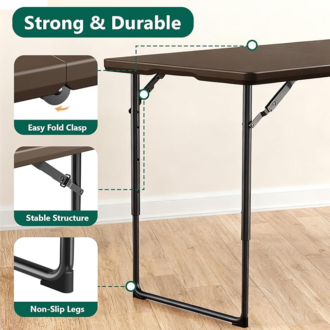 4ft Folding Table, Foldable Picnic Table Portable Table for Indoor Outdoor Use Heavy Duty Plastic Table Camping Table for Party, BBQ, Brown