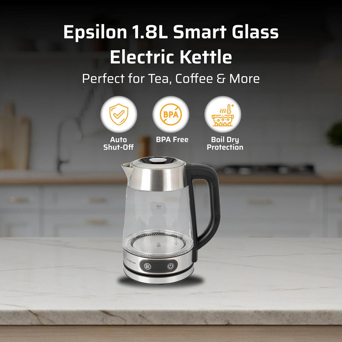 Epsilon 1.8L Glass Electric Kettle – Hot Water Tea Kettle with Borosilicate Glass & Stainless Steel, Auto Shut-Off, Fast Boil 1500W Electric Teapot