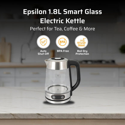 Epsilon 1.8L Glass Electric Kettle – Hot Water Tea Kettle with Borosilicate Glass & Stainless Steel, Auto Shut-Off, Fast Boil 1500W Electric Teapot