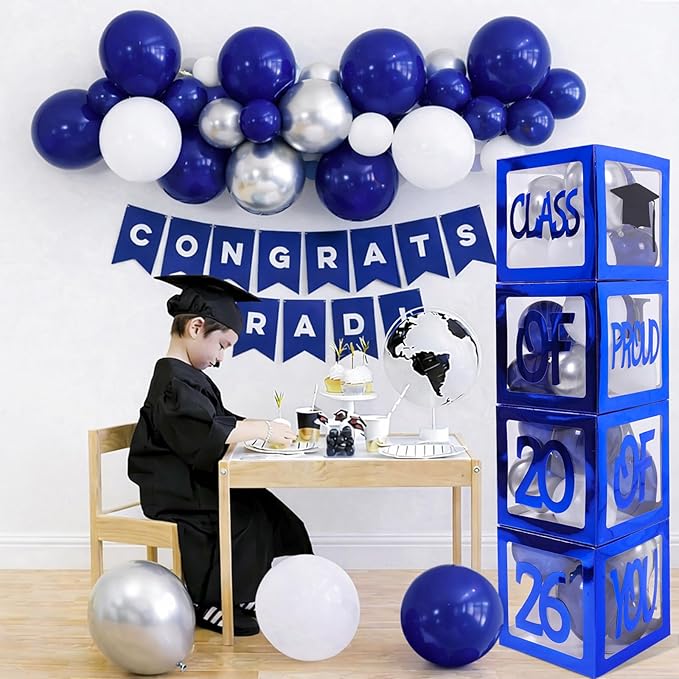 Graduation Decorations 2026, Navy Blue Graduation Decorations Transparent Balloon Boxes with Letters of GRAD, PROUD OF YOU,Class of 2026, Blue Silver Balloons Arch for High School College Grad Party