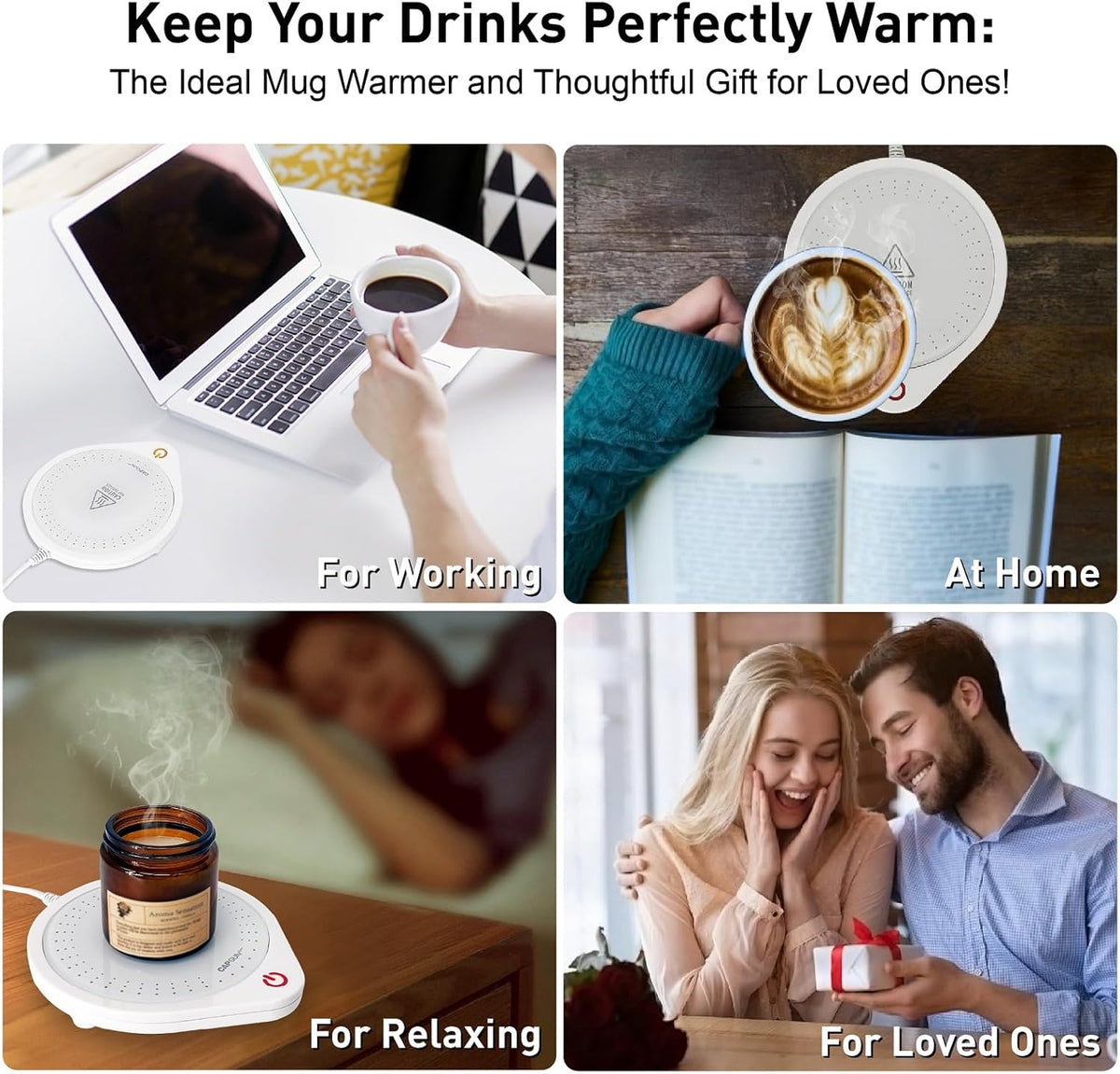 Electric Coffee Mug Warmers for Desk, 75℃ Precision Heating & Auto Shut Off, Spill-Proof Cup Warmer for Coffee/Tea/Milk/Hot Chocolate (White)