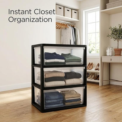 Wide 3 Drawer Plastic Storage Tower with Clear Removable Bins, 15.6" x 21" x 25.2" Organizer Unit with Drawer Stops and Easy-Pull Handles for Closet, Dorm, and Office Organization, Black