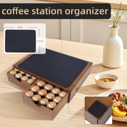Wooden Coffee Pod Holder Drawer With Silicone Non-Slip Pad,K Cup Organizer Storage Box,Kcup Drawer and Tea Organizer Under Brewer,30 Pod Capacity,Countertop Coffee Station Organizer for Machine Stand