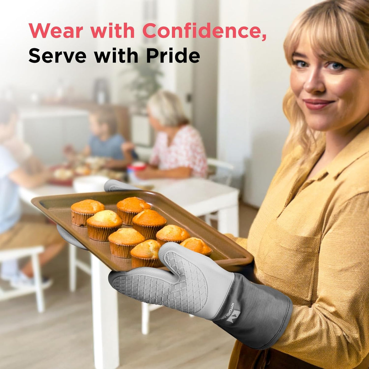 Kitchen Mama UltraShield Silicone Oven Mitts Heat Resistant – Non-Slip, Stain-Resistant, Silicone Cooking Mitts & Pot Holders for Baking, Grilling