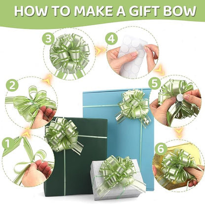 24pcs Light Green Pull Bow for Gift Basket Wrapping Xmas Gift Bows Presents Adhesive Wrap Ribbon Bow for Christmas Tree Bottles Bouquet Flower Valentine's Day Party Decor (Light Green-G)