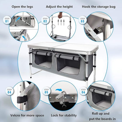CampLand Outdoor Folding Table Aluminum Lightweight Height Adjustable with Storage Organizer for BBQ, Party, Camping