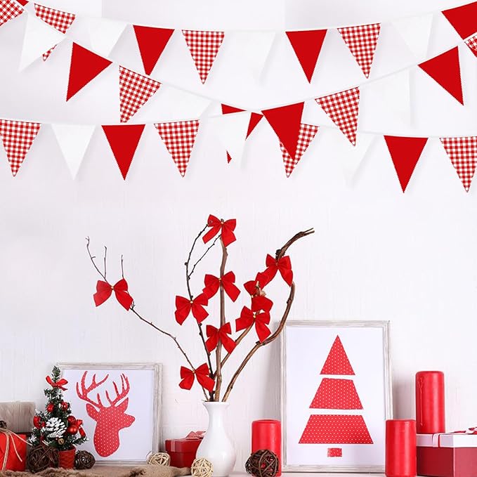 32Ft Red Party Decorations Red Plaid Checkered White Triangle Flag Gingham Pennant Bunting Fabric Garland for Christmas Wedding Birthday Carnival Picnic X-mas Outdoor Home Party Festivals Decoration
