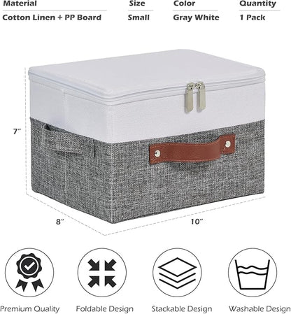 Storage Boxes with Zipper Lid Cotton Linen Fabric Lidded Storage Bins Baskets Foldable Washable Closet Shelf Clothes Organizer Container Faux Leather Handles (Gray White, Small)