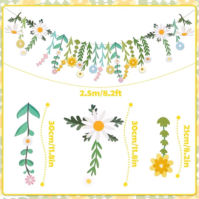 Daisy Flower Banner Wildflower Party Decorations Leaves Banner Paper Flower Garland Daisy Groovy for Wall Decoration Spring Baby Shower Wedding Backdrop Decorations