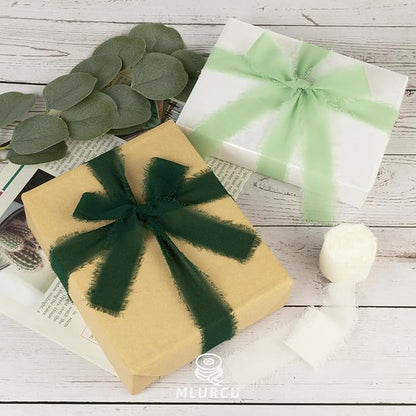 Green Chiffon Ribbon 1 Inch x 21Yds Handmade Fringe Chiffon Silk Ribbon Green & Cream Frayed Chiffon Ribbon for Wedding Invitation Flower Bouquets Gift Wrapping Bridal Shower Baby Shower