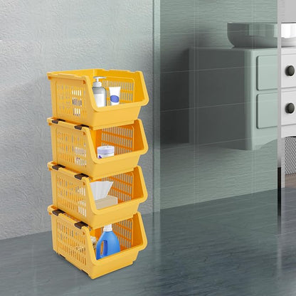 4-Pack Stackable Plastic Storage Baskets - Open Front Organizer Bins for Kitchen, Pantry, and Bathroom Essentials (Yellow)