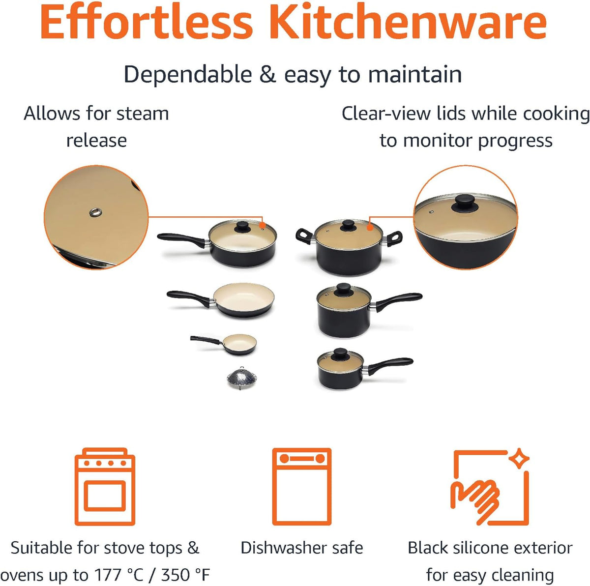 Amazon Basics 11-Piece Ceramic Non-Stick Pots and Pans Set, Dishwasher & Oven Safe, Non-Toxic, Easy Clean, Black/Cream