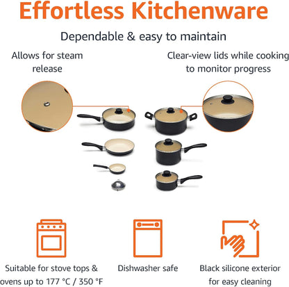 Amazon Basics 11-Piece Ceramic Non-Stick Pots and Pans Set, Dishwasher & Oven Safe, Non-Toxic, Easy Clean, Black/Cream
