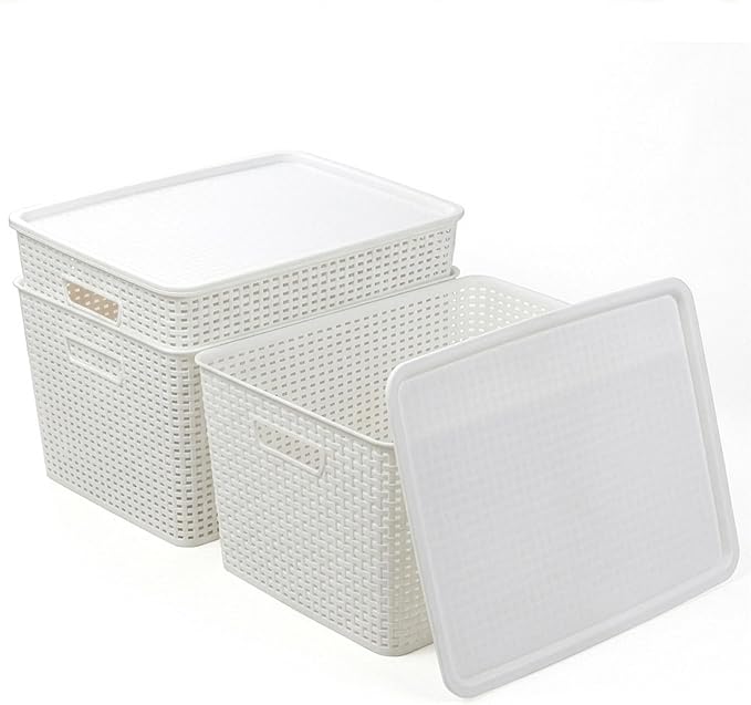 BINO | Plastic Storage Baskets with Lids, 33 Liter - 3 Pack, White | THE WOVEN COLLECTION | Storage Basket for Shelves | Woven Storage Baskets for Organizing Bins Pantry Shelf Organizer Container Bin