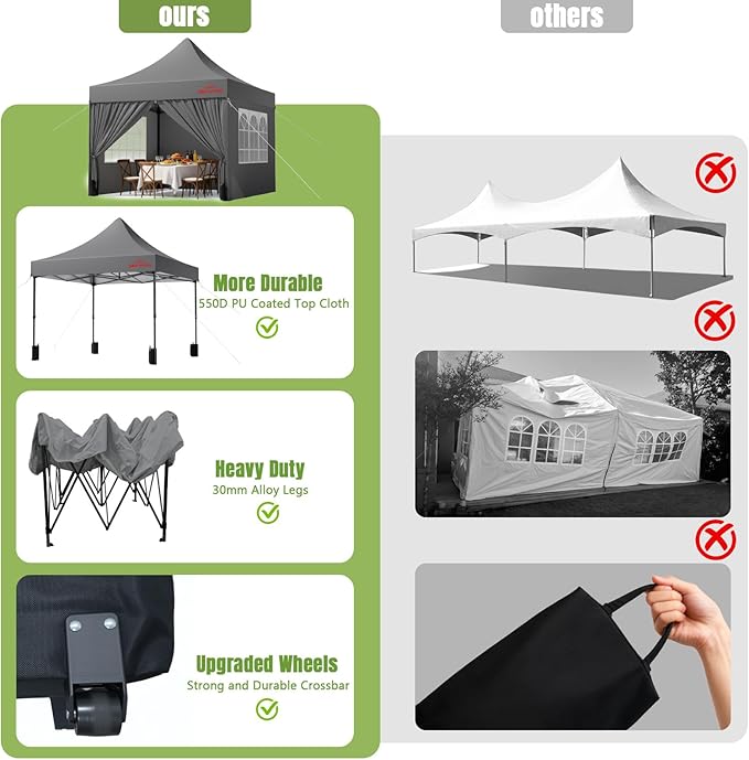 10x10 Heavy Duty Pop Up Canopy with 4 Sidewalls, 550D Commercial Easy Up Canopy Tent, Waterproof Outdoor Party Event Tent with Roller Bag, Grey